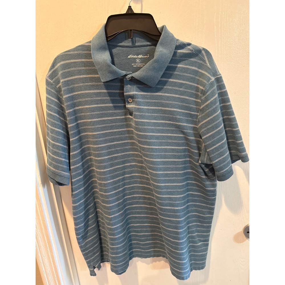 Eddie Bauer Mens XL Blue White Striped Short Sleeve Cotton Pique Polo Shirt